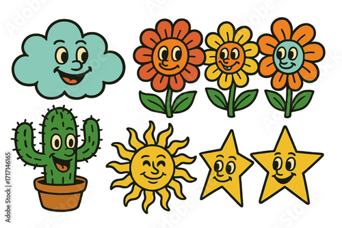 Retro cartoon characters set with funny faces. Vintage 30s, 40s, 50s comic mascots. Groovy psychedelic clip art pack with cloud, flower, cactus, sun, and star.