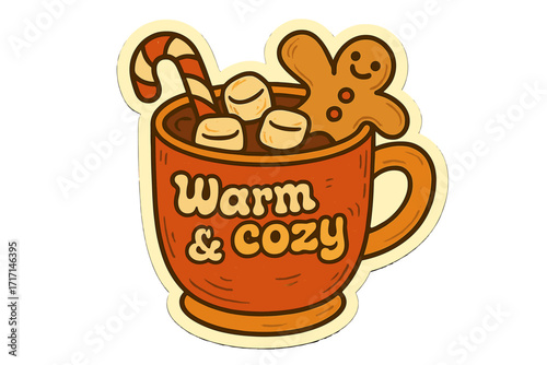 Warm and cozy Christmas hot chocolate mug. Retro groovy sticker with gingerbread man and candy cane. Holiday drink illustration for sublimation. Festive vector graphic element.