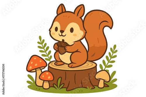 Cute squirrel character holding nut on tree stump with mushrooms. Kawaii forest animal vector illustration. Autumn woodland concept for kids print or nursery decor. Isolated.