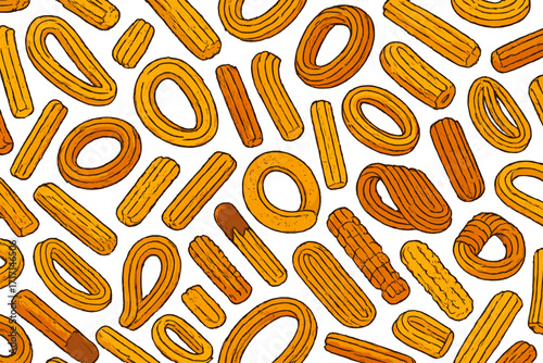Colorful churros seamless pattern. Traditional Spanish sweet food background. Tasty fried dough dessert, tejeringos and porras. Hand drawn cartoon vector for bakery menu.