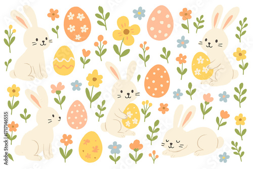 Easter seamless pattern with cute bunny and eggs. Spring holiday background with rabbit and flowers. Hand drawn vector texture for textile, wallpaper, wrapping paper, kids design.