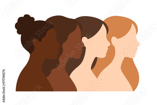 Face silhouettes of multicultural multiethnic women in profile. Concept for racial equality, anti-racism, justice, and allyship. Diverse female group. Sisterhood.