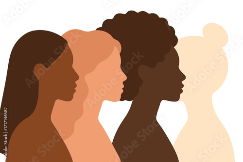 Multicultural female profiles in silhouette. Concept of racial equality, anti-racism, justice, and allyship. Multiethnic women standing together for diversity and empowerment.
