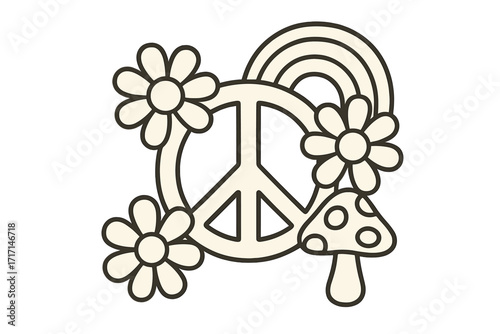 Hippie groovy peace sign with flowers, rainbow, mushroom. Retro 70s style vector. Flower power, good vibes symbol. Psychedelic art for print, card, poster, sticker.