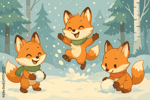 Three cute cartoon foxes playing snowballs in a snowy winter forest. Happy animal friends in a fun snowball fight. Kids holiday, Christmas vector illustration scene.
