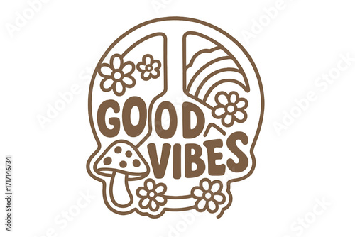 Good Vibes lettering in groovy hippie style. Retro 70s concept with peace sign, flowers, rainbow, and mushroom. Nostalgic boho vector for poster, card, or t-shirt design.