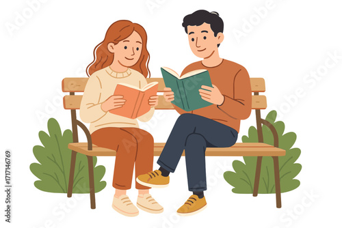 Couple reading books on a park bench. Young man and woman literature lovers. Book fans enjoying a hobby together. Hand drawn flat vector illustration for education, lifestyle concept.
