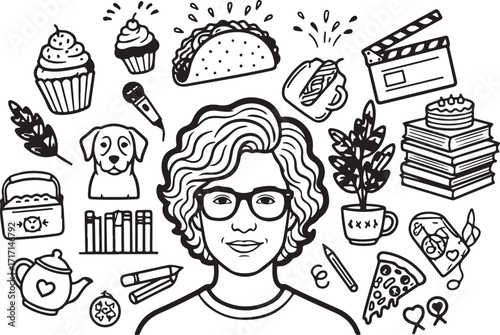 Doodle person surrounded by hobbies
