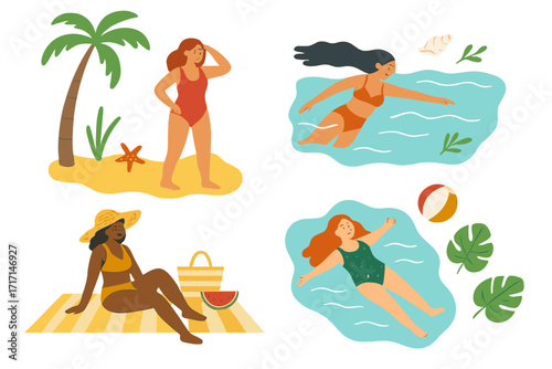 Summer beach lifestyle set with diverse female characters. Women in swimsuits on vacation swimming, sunbathing, relaxing. Vector cartoon illustration with ocean and tropical elements.