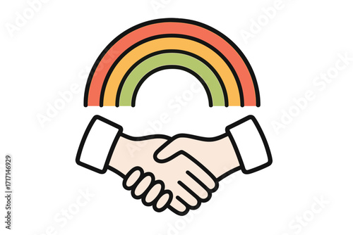 Allyship vector icon with handshake and rainbow. Concept of cooperation, teamwork, partnership, and collaboration. Symbol for diversity, inclusion, community support, and peace.