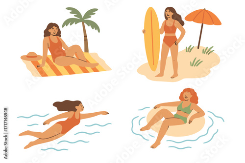 Summer beach lifestyle set. Women in swimsuits on vacation. Girl sunbathing, swimming, surfing and relaxing on inflatable ring. Female characters vector collection.