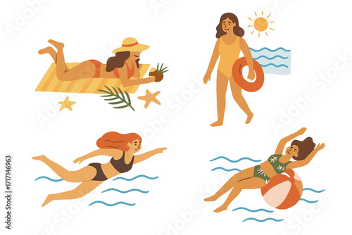 Summer lifestyle set with female characters on beach vacation. Woman sunbathing, swimming in ocean, floating with ball. Girl in swimsuit relaxing by the sea. Vector doodle pack for card.