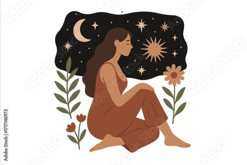Mystical woman with moon and stars in hair. Celestial goddess in meditation pose for astrology, esoteric, and spiritual concepts. Bohemian floral art for mindfulness and wellness.