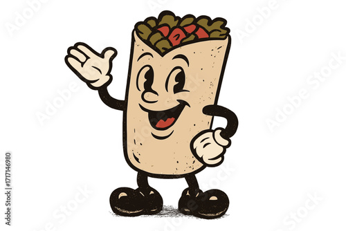 Cute retro toon burrito character mascot. Vintage Mexican food illustration. Hand-drawn happy fast food personage in classic 30s cartoon style. Vector graphic for logo.