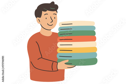 Man holding a stack of clean folded clothes, laundry day theme. Big pile of freshly laundered laundry after machine wash. Housekeeping and tidiness concept vector.
