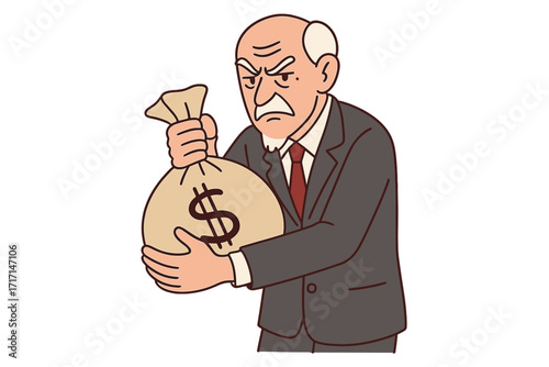 Greedy old businessman or corrupt politician character holding a big bag of money. Stingy rich boss clutching a sack of dollars. Financial crime metaphor. Vector cartoon illustration.