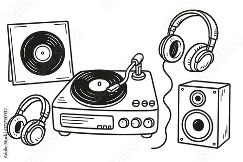 Hand drawn music equipment set. Outline vector composition with vintage record player, vinyl plate, headphones, audio speaker. Retro 70s style turntable for DJ, audio, melody.