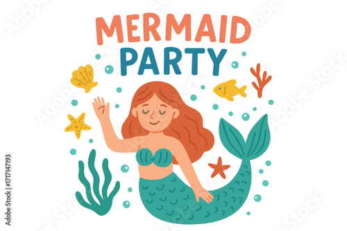 Mermaid party invitation template. Cute cartoon girl with tail for kids birthday. Underwater magical life concept. Marine mythical creature, hand drawn vector illustration.