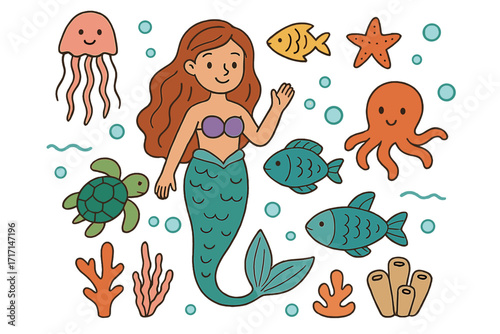 Mermaid set with marine inhabitants and fishes. Hand drawn vector flat illustration. Cartoon underwater life collection with octopus, turtle, jellyfish, starfish, coral.
