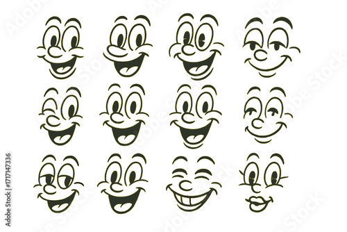 Retro 30s mascot characters with funny faces. Old 50s and 60s animation eyes and mouths. Vintage comic book smile creator set. Happy emotion caricature facial expressions.