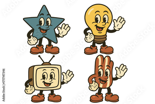 Set of retro cartoon mascot characters. Vintage 30s comic style with gloved hands and boots. Funny smiling star, lightbulb, tv and bacon character pack. Groovy trendy vector.
