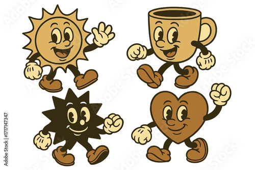 Set of retro comics characters with cute faces. Traditional mascots with gloved hands and boots. Sun, coffee cup and heart character. Vintage vector trending illustration pack.