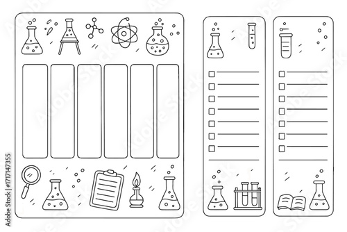 Science weekly planner template and to do list. School schedule organizer. Chemistry laboratory equipment doodle icon set. Hand drawn vector illustration. Study checklist page.