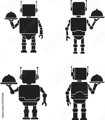 Four robot servants holding trays silhouette