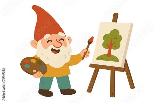 Funny gnome artist character painting on a canvas with an easel. Fairytale dwarf drawing a tree with a paint brush and palette. Creative hobby concept. Vector cartoon illustration.