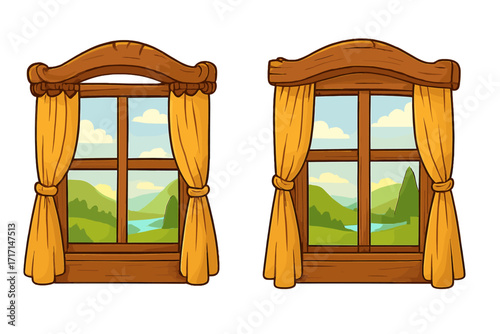 Set of two isolated rustic wooden windows with yellow curtains looking out on beautiful natural green mountain scenery and river, fairy tale medieval style cartoon flat hand-drawn vector