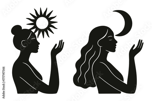 Mystical woman silhouette with sun and moon. Esoteric astrology, spiritual energy, soul reflection. Duality of day and night. Minimalist bohemian vector art concept.