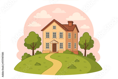 Vector illustration of a classic two-story country house on a green hill. Cartoon single-family home with trees and a path. Real estate property concept. Cozy suburban cottage.