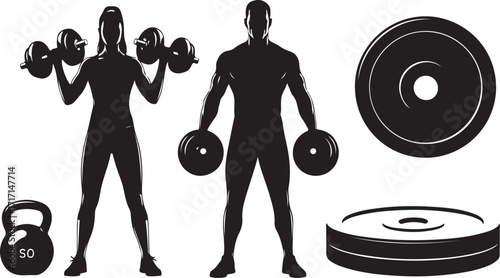 Silhouettes of fit people and weights