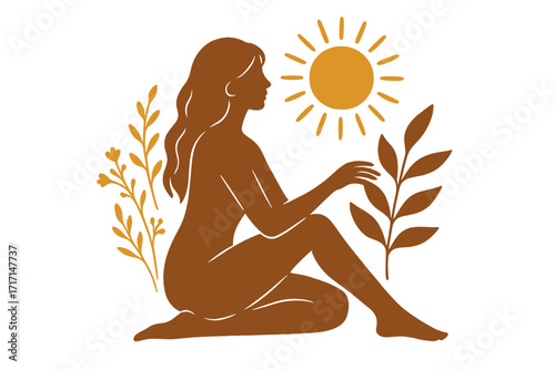 Sun girl concept. Aesthetic female boho style poster. Woman silhouette drawing with plants. Hand drawn trendy flat vector illustration. Abstract body positive art print.