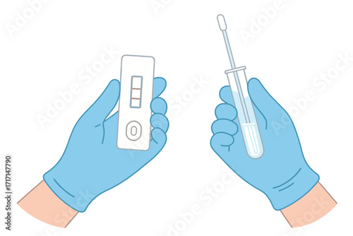 Two hands wearing latex gloves holding Covid-19 rapid antigen test and testing tube with swab, nurse with coronavirus express test and ATK, vector flat illustration, medical testing concept