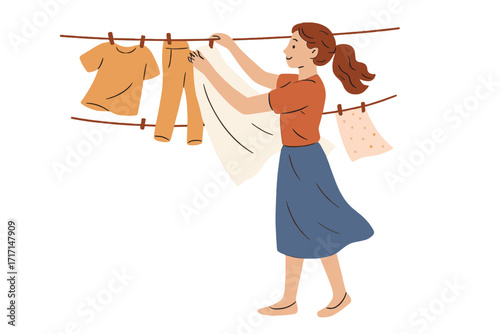 Woman hanging fresh laundry on clothesline outdoors with clothespins, drying wet clothes and linen in the air and wind, household chore vector illustration with female character and garments