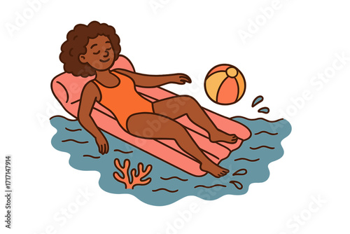 Relaxed African American woman sunbathing on inflatable mattress in swimming pool with beach ball, coral, and water splash, summer leisure concept, hand drawn vector