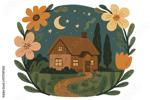 Cozy cottage on a spring night in a rustic village. Hand drawn vector cartoon illustration with huge flowers frame. Magical fairytale house under the starry sky with a moon.