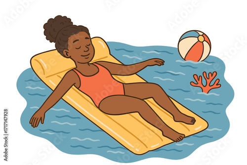 Relaxing Black Woman Floating on Inflatable Mattress in Swimming Pool, Summer Leisure Concept with Coral Reef and Beach Ball, Hand-Drawn Vector Illustration