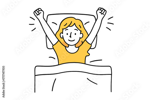 Woman waking up in the morning stretching in bed, happy smiling girl lying on bed, morning routine, fresh start, wellness, hand-drawn doodle vector illustration, positive mood, relaxation concept