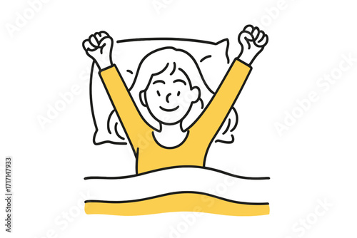 Woman waking up in the morning stretching and smiling lying in bed, happy morning routine, relaxation, wellness, fresh start, hand-drawn doodle line vector illustration