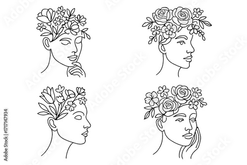Woman face with flowers one line drawing set. Continuous line portrait art collection. Botanical flower bouquet in woman head single line art for beauty, spa, logo design.