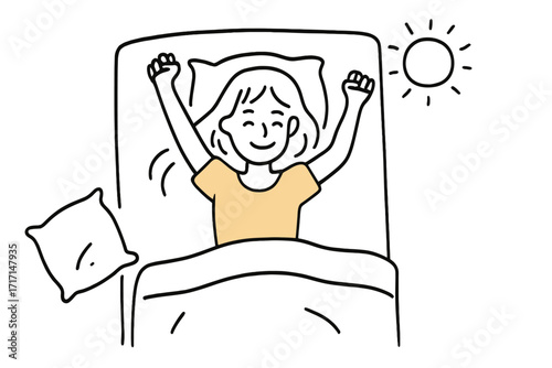 Woman waking up and stretching in the morning, smiling girl lying in bed, top view, hand-drawn doodle line style vector illustration, peaceful start of day, positive morning routine