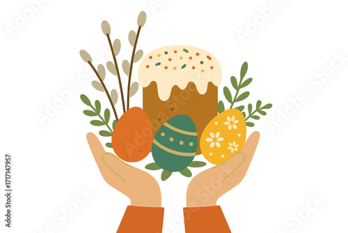Hands holding traditional Easter cake Kulich, painted eggs and pussy willow. Orthodox Easter celebration concept. Spring religious holiday greeting card. Vector flat cartoon illustration.