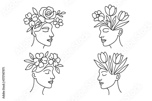 Woman face with flowers one line art collection. Continuous line portrait. Flower in head. Metaphor for beauty, mental health, growth, nature, harmony, calm. Linear vector set.