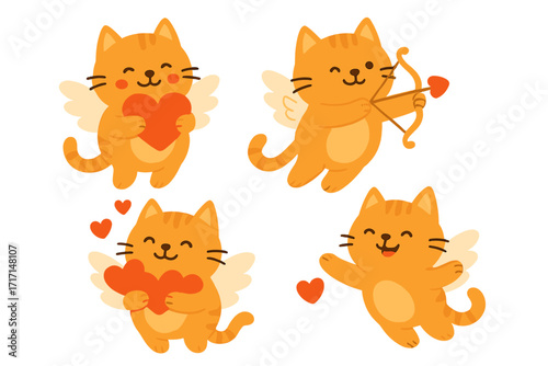 Cat cupid characters set for Valentine's Day. Cute funny ginger cat angel with wings, bow and arrow. Love heart romantic collection. Flat vector illustration for 14 February.