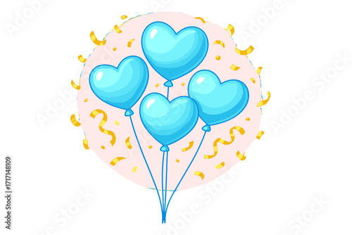 It's a boy baby shower greeting card. Vector bunch of 3d blue heart balloons with gold confetti. Newborn celebration, gender reveal party invitation, cute holiday design.
