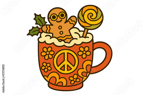 Groovy Christmas hippie mug with gingerbread man, sweet candy lollipop and peace sign. Retro 70s vector cartoon for Xmas holiday season. Holly jolly cute food illustration.