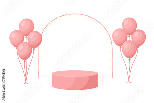 It's a girl baby shower 3D render. Pink pedestal podium stage for product placement. Minimal background with balloons, glowing arch. Mockup for cosmetic ad, promo sale.