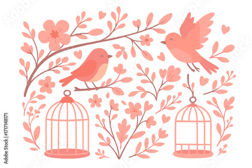 Freedom concept with birds flying free from an open cage. Valentine's Day card with lovebirds, pink flowers and hearts. Spring nature romantic vector illustration set.